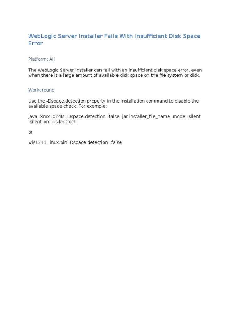WebLogic Installer Disk Space Error Fix | PDF | Home & Garden | Computers