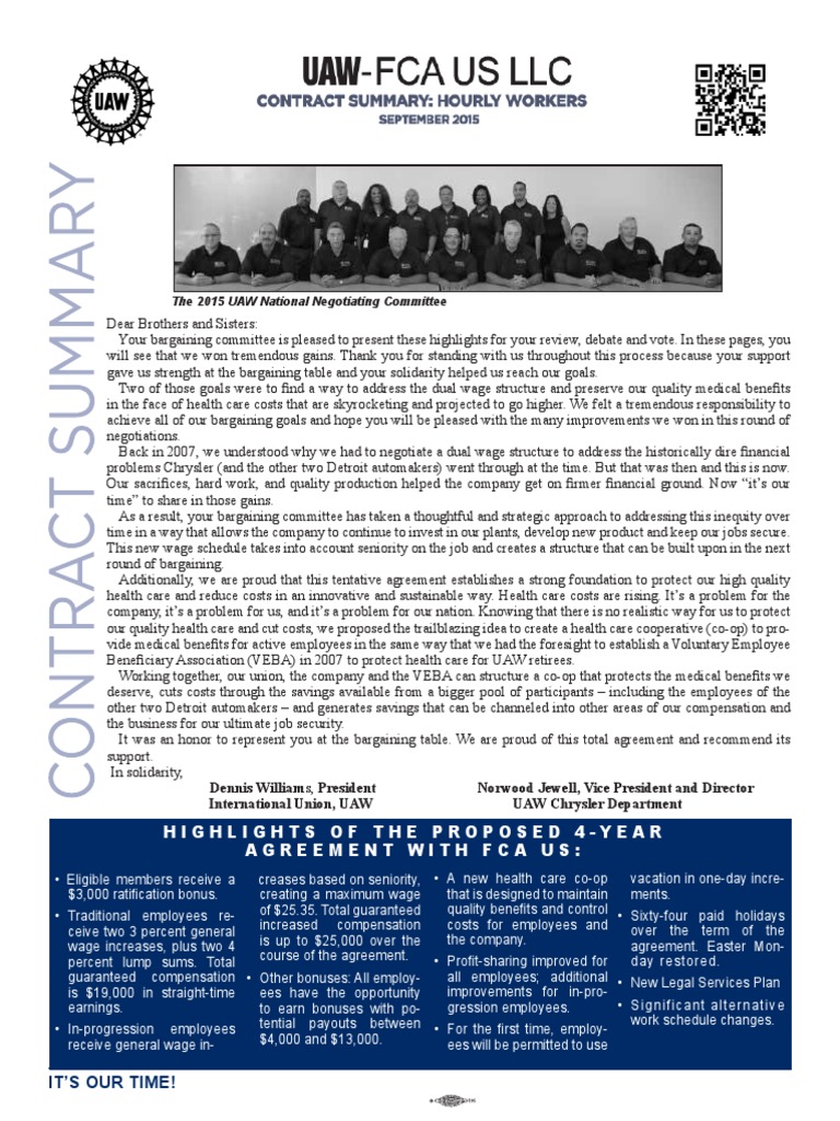 UAW-FCA Hourly Contract Summary | PDF | United Automobile Workers | Pension