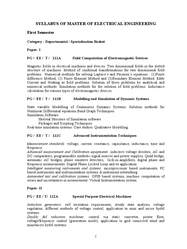 Syllabus of Master of Electrical Engineering Power Supply Control