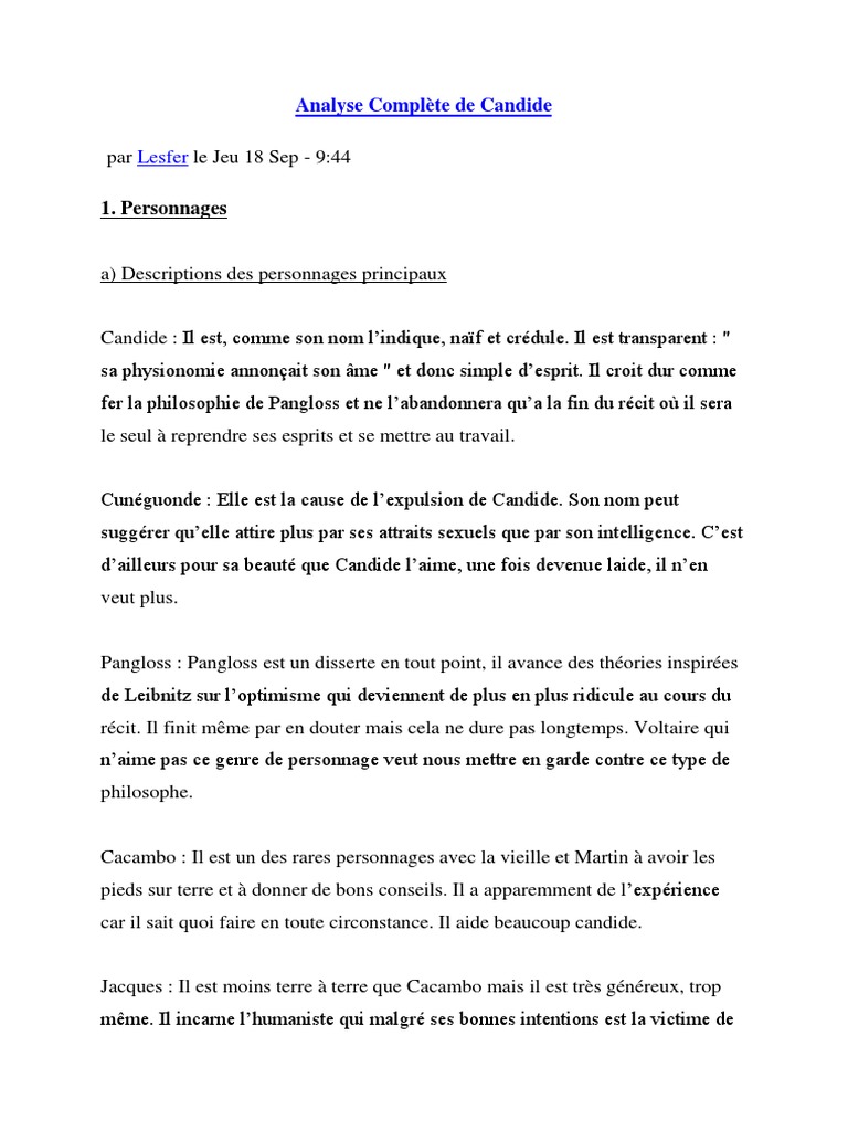 Analyse Plete De Candide Pdf Candide Voltaire