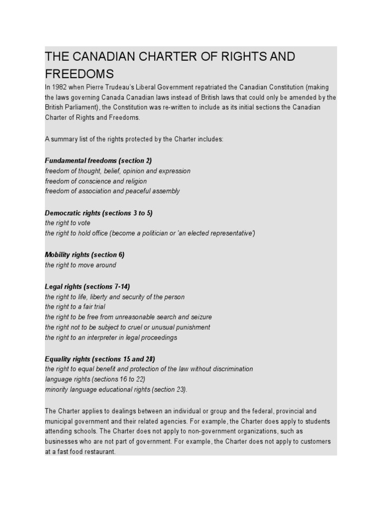 The Canadian Charter Of Rights And Freedoms Summary Civil Rights And Liberties Official