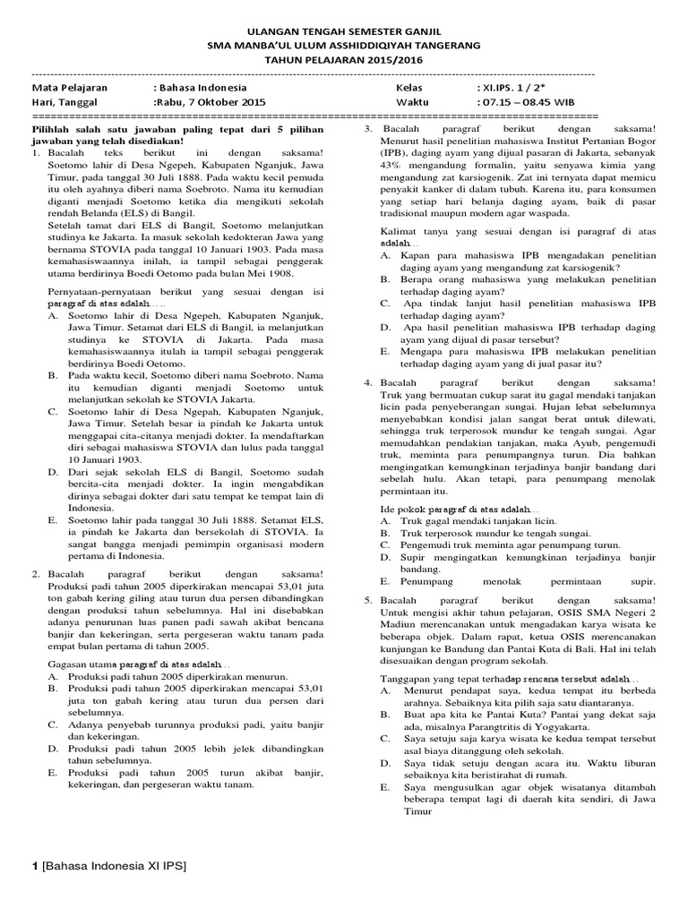 Pilihlah salah satu jawaban paling tepat dari 5 pilihan jawaban yang