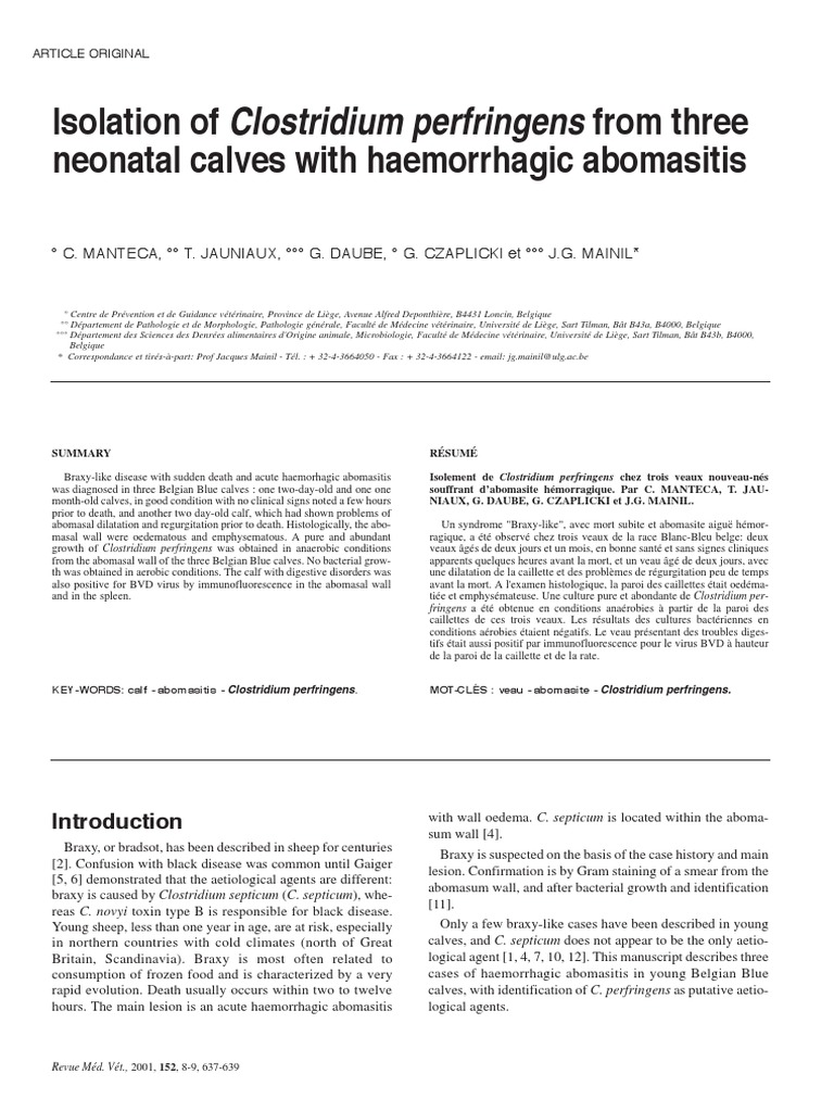 Isolation of Clostridium Perfringens From Three Neonatal Calves With ...