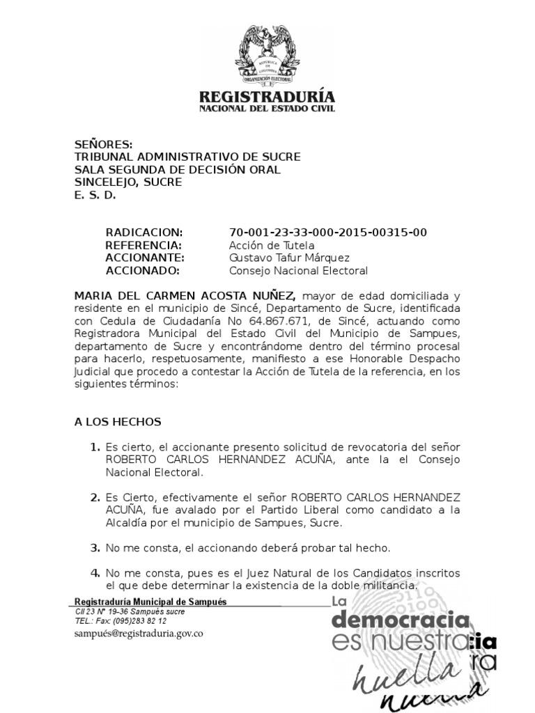 Contestacion de Accion de Tutela Tafur | PDF | Debido al proceso | Juez