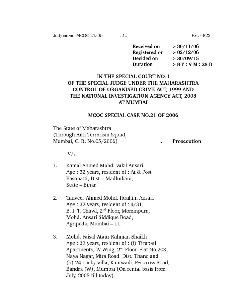 2006 Mumbai Train Serial Bomb Blast Case Judgement PDF