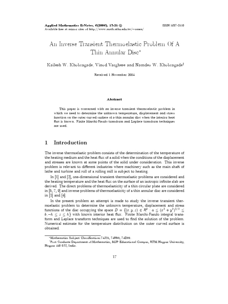 An Inverse Transient Thermoelastic Problem of A Thin Annular Disc | PDF ...