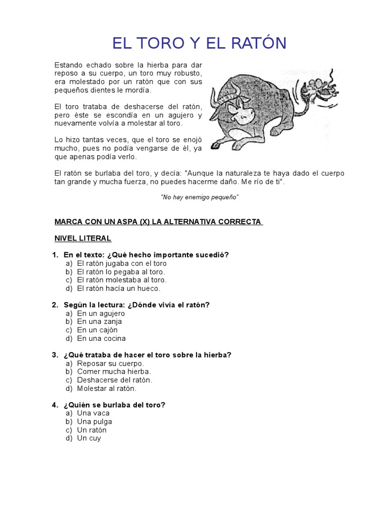 El toro y el ratón: fábula infantil | PDF