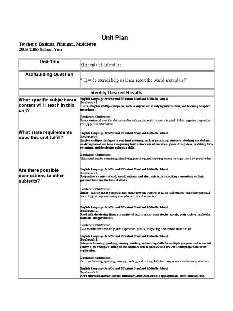 Elements of Literature Unit Plan | PDF | Educational Assessment ...