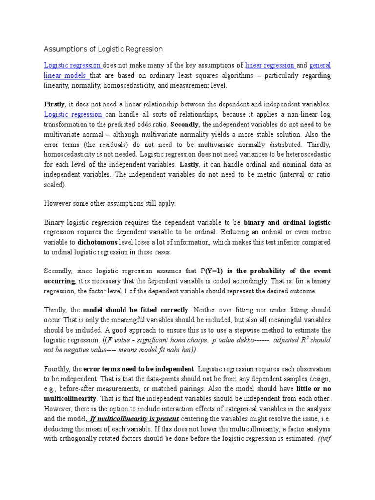 Assumptions of logistic regression pdf logistic regression