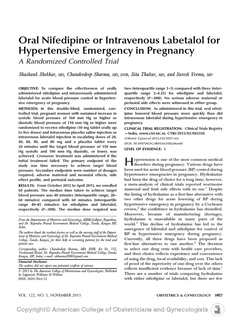 Oral Nifedipine or Intravenous Labetalol for.18 (1) Hypertension