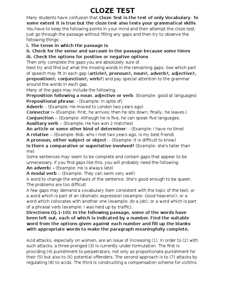 Cloze Test | PDF | Preposition And Postposition | Verb