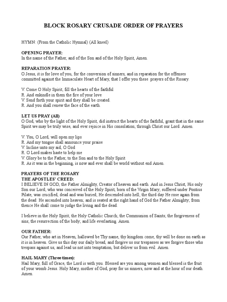 Block Rosary Crusade Order Of Prayers Opening Prayer