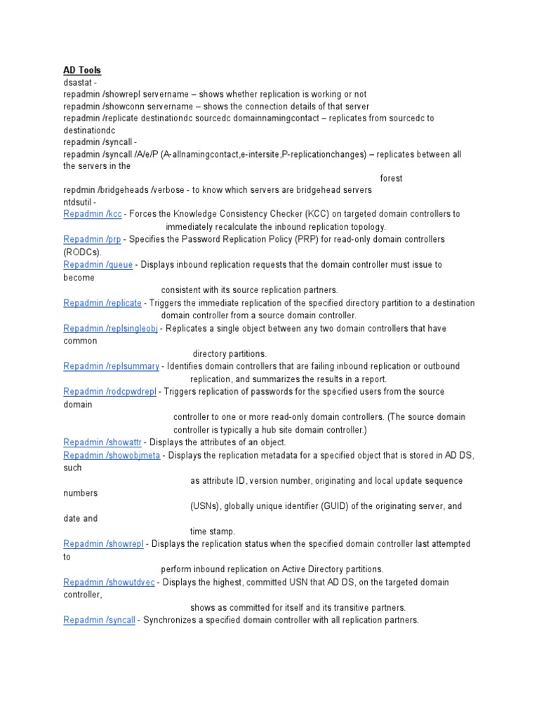 AD Tools: Repadmin /KCC Repadmin /PRP Repadmin /queue | PDF | Active ...