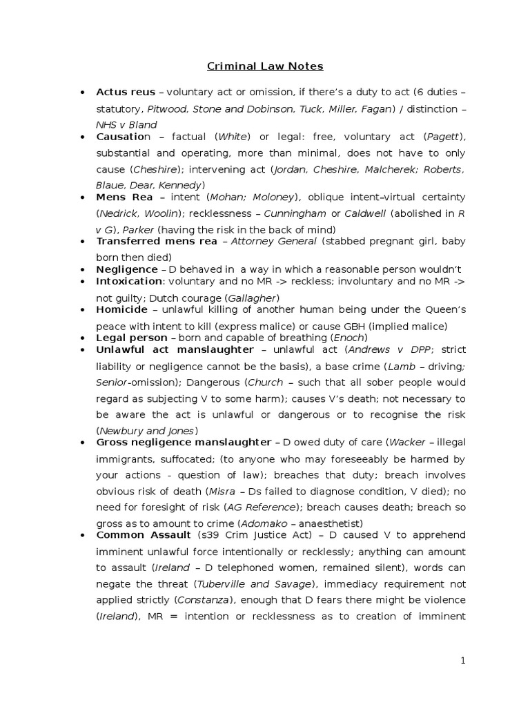 Short Criminal Notes | PDF | Intention (Criminal Law) | Recklessness (Law)
