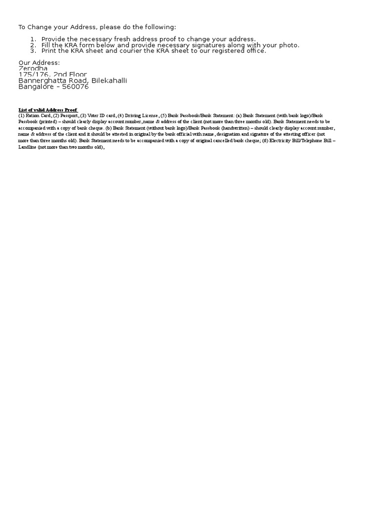 Zerodha Address Change Instructions | PDF