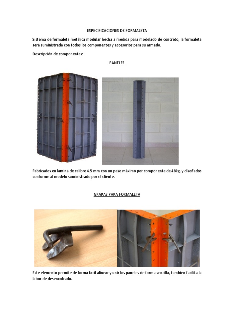 Especificaciones de Formaleta Metálica | PDF