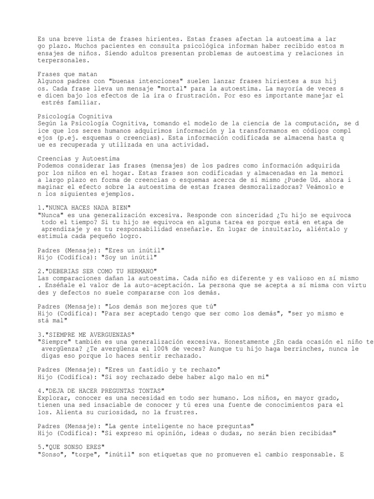 Frases Que No Deberías Decirle A Tu Hijo Pdf Autoestima Adultos
