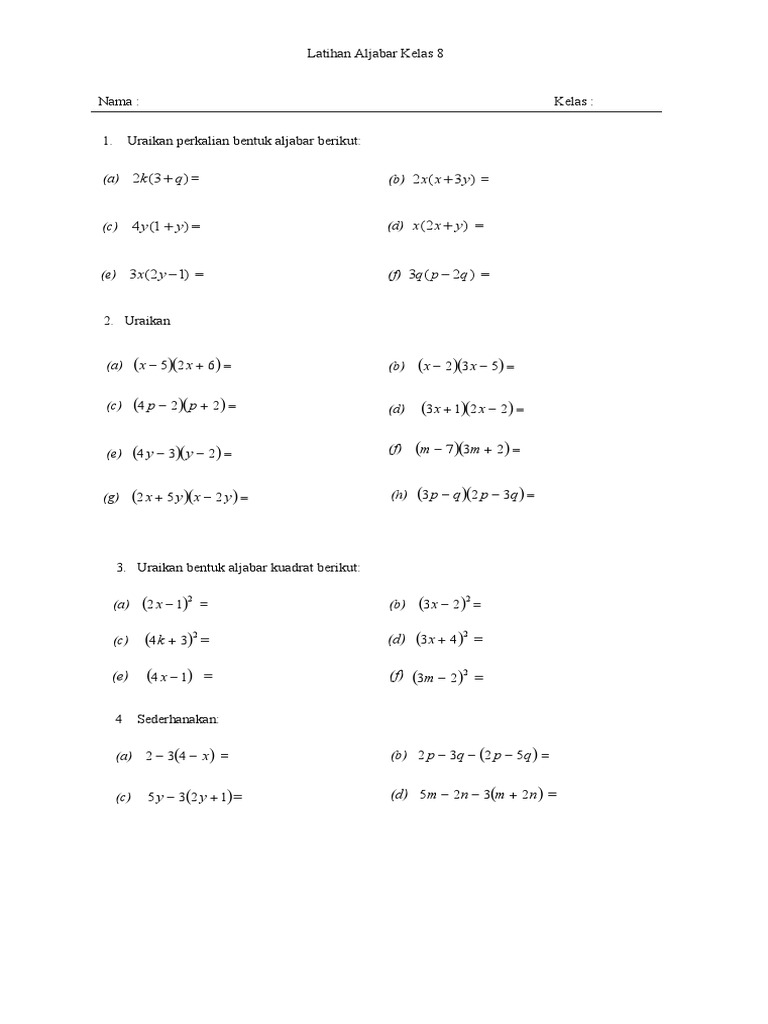 Latihan Soal Aljabar Kelas 8