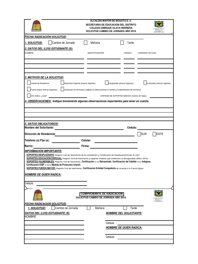 Formato de Solicitud Cambio de Jornada Año 2016