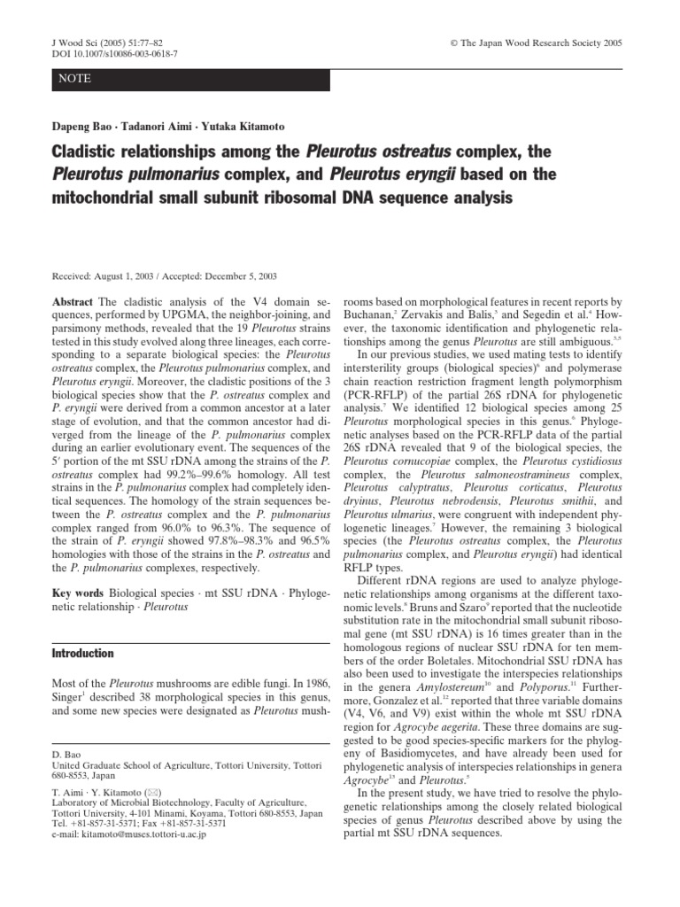 Cladistic Relationships Among The Pleurotus Ostreatus Complex, The
