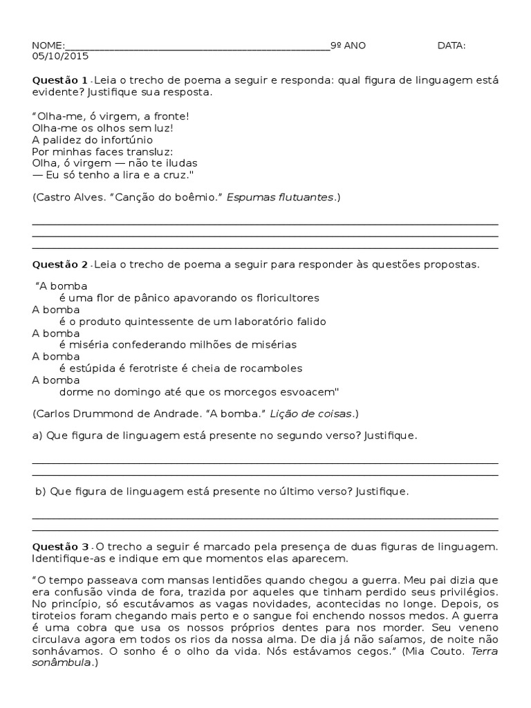 Atividade de Figuras de Linguagem 9 Ano | PDF | Idiomas