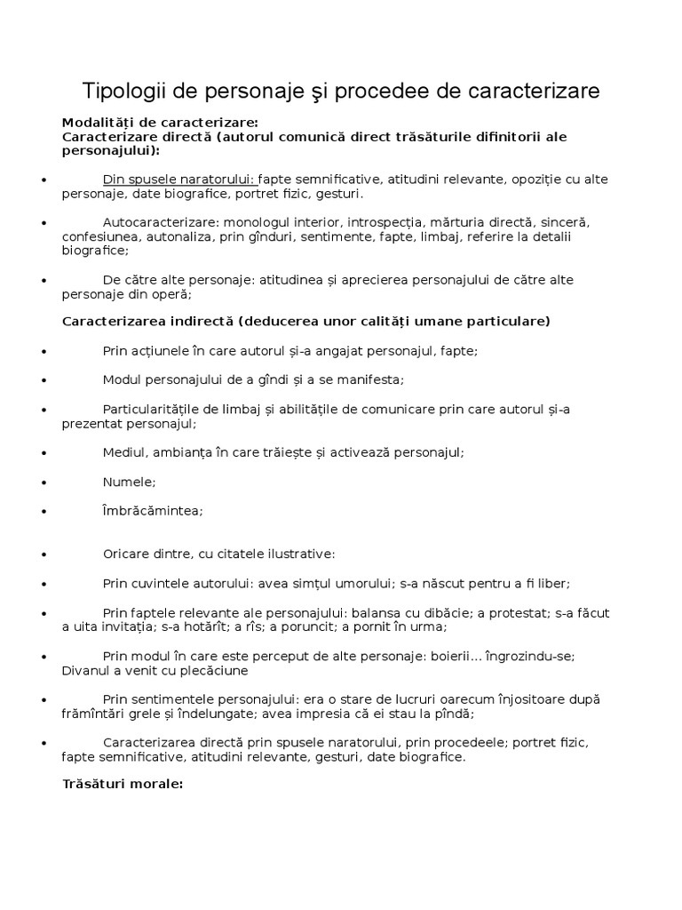 Tipologii de Personaje Şi Procedee de Caracterizare | PDF