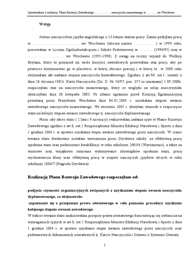 Sprawozdanie Z Realizacji Planu Rozwoju Zawodowego Nauczyciela Stażysty