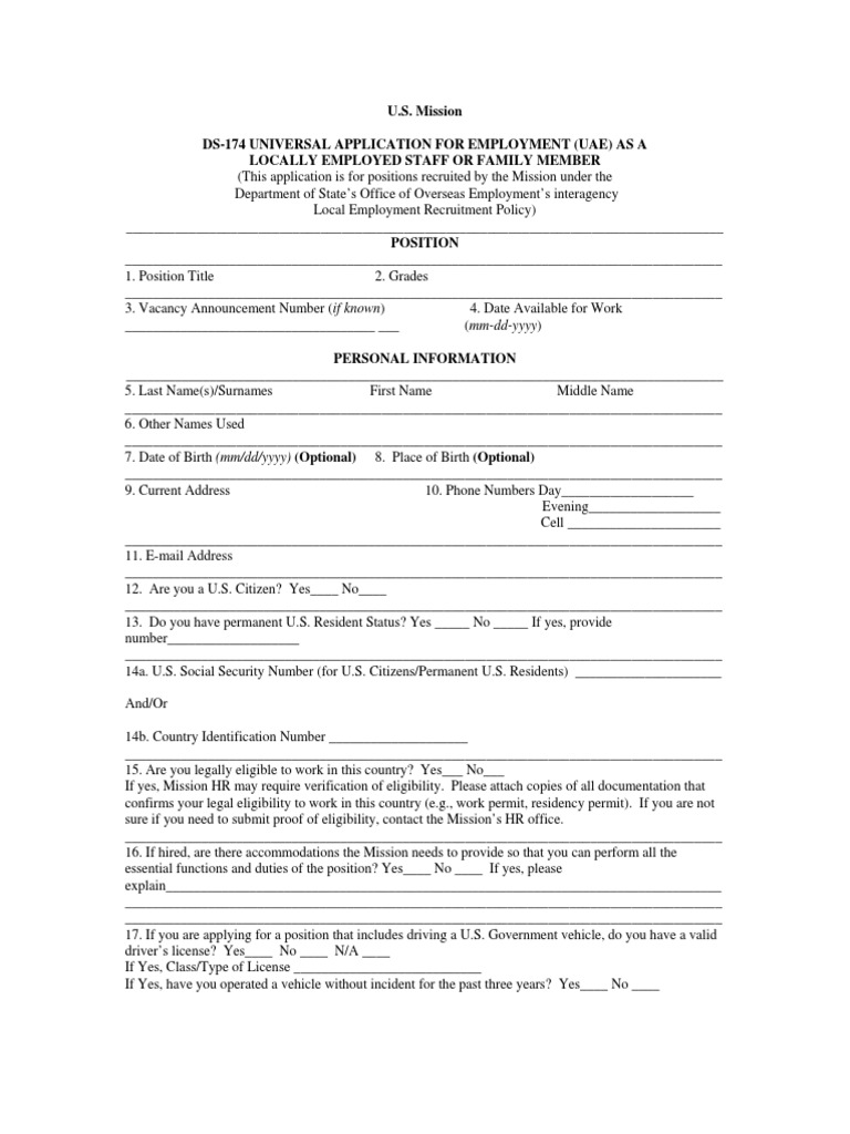 U.S. Employment Application Form DS-174 | PDF | Social Security Number ...