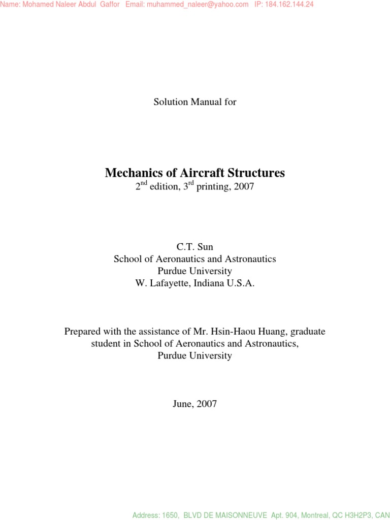 C T Sun Mechanics of Aircraft Structures Solution | Bending | Deformation  (Mechanics)