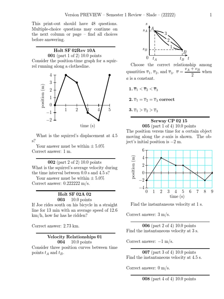 Semester 1 Physics Review Questions | PDF | Friction | Force