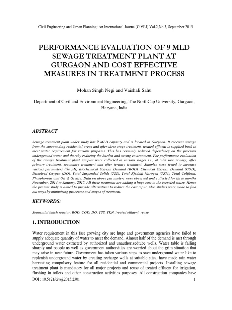 Performance Evaluation of 9 MLD Sewage Treatment Plant at Gurgaon and