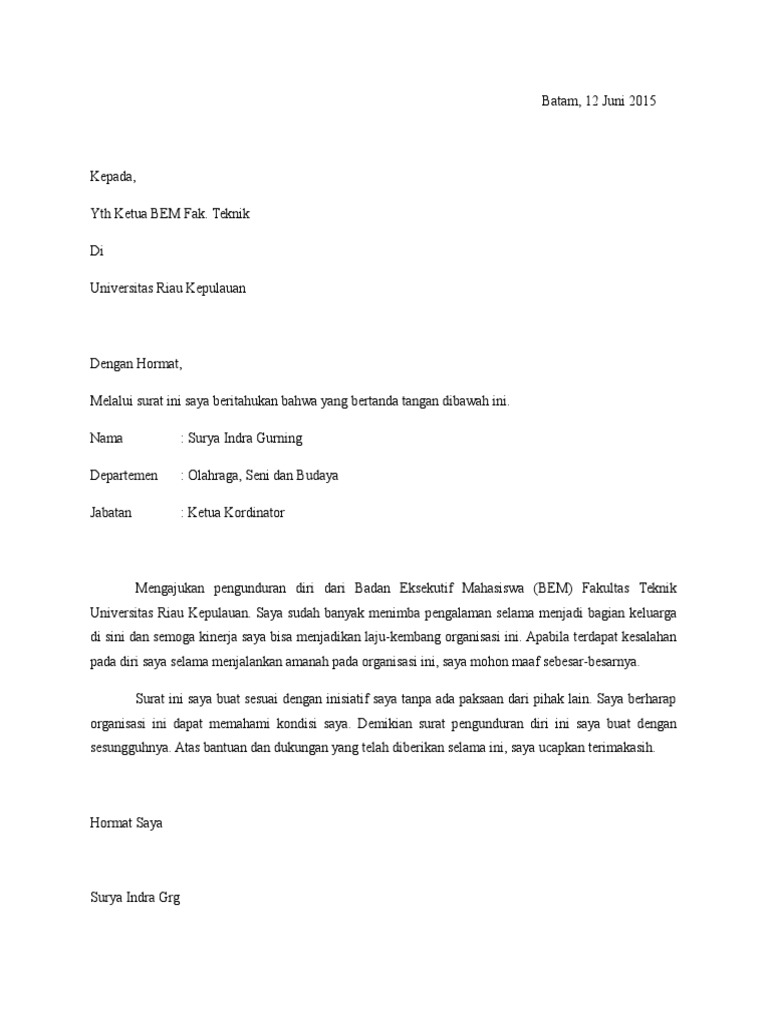 Contoh Surat Pengunduran Diri Dari Bem