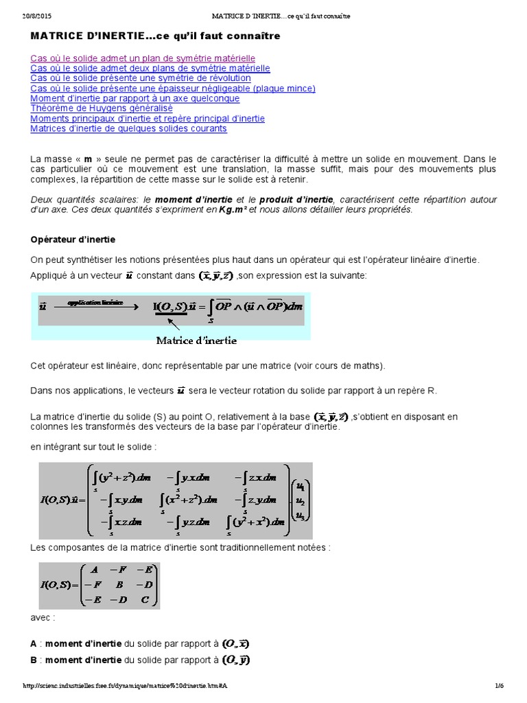 MATRICE D’INERTIE…Ce Qu’Il Faut Connaître  Algèbre  Espace