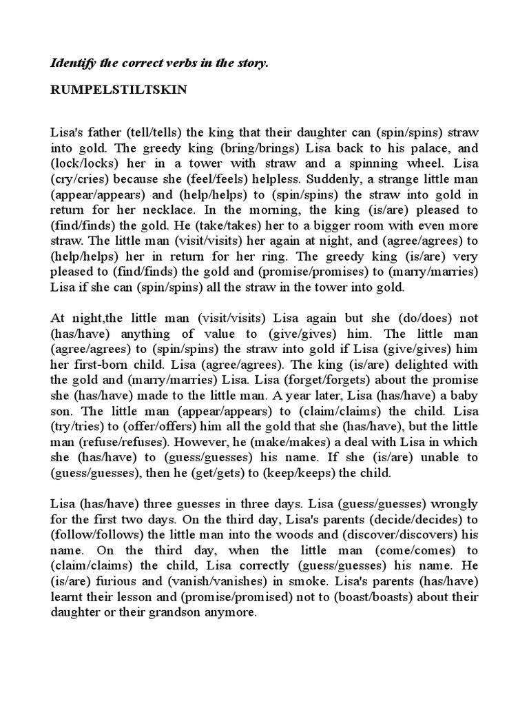 Rumpelstiltskin Synopsis Verb Exercise