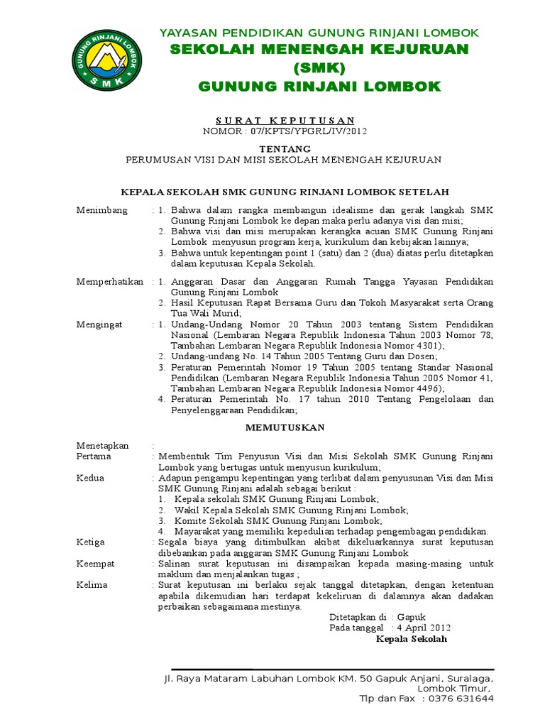 Surat Keputusan tentang pembentukan tim penyususn visi dan 
