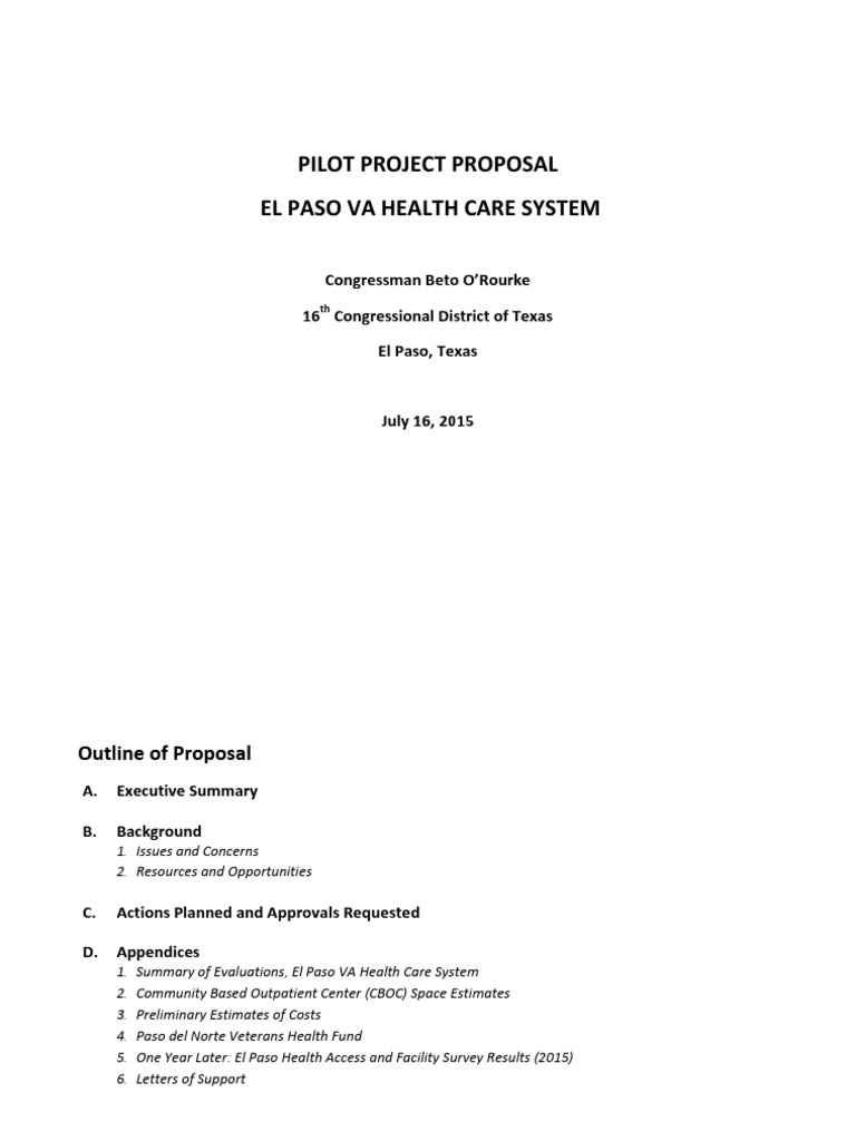 Pilot Project Proposal El Paso Va Health Care System | PDF