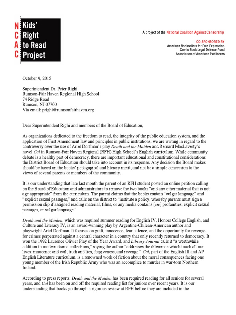 bains rumson nj on Letter To Rfh Ariel Dorfman Age Inappropriate Books First Amendment To The United States Constitution Censorship