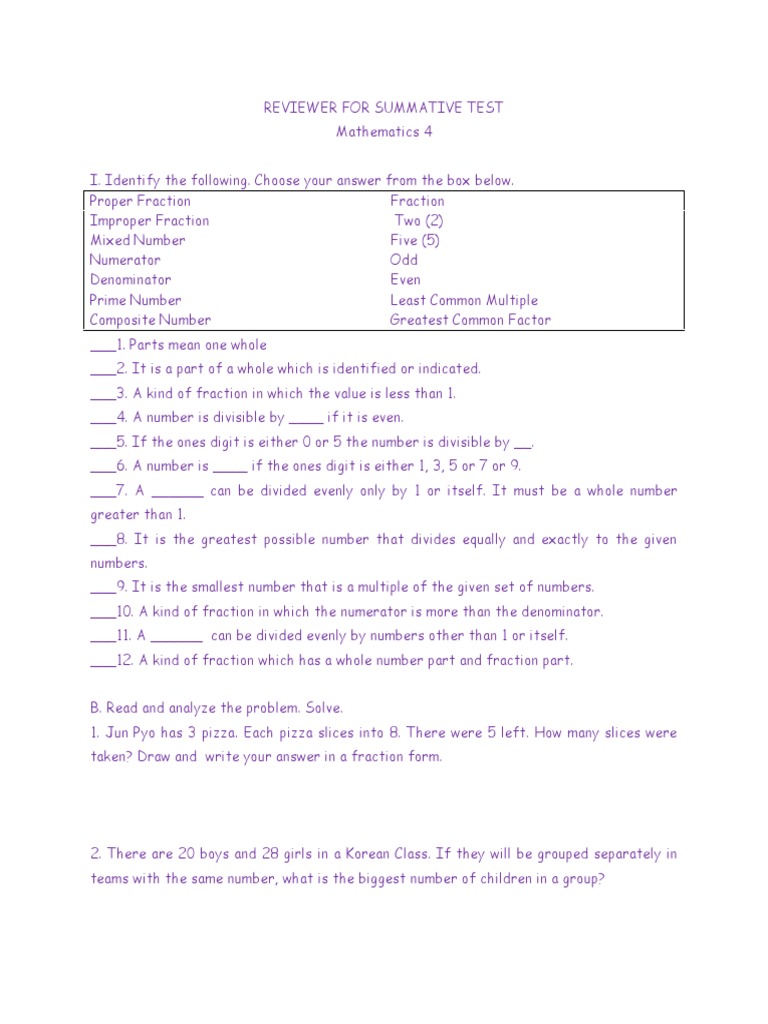 Math Grade 4 Summative Test