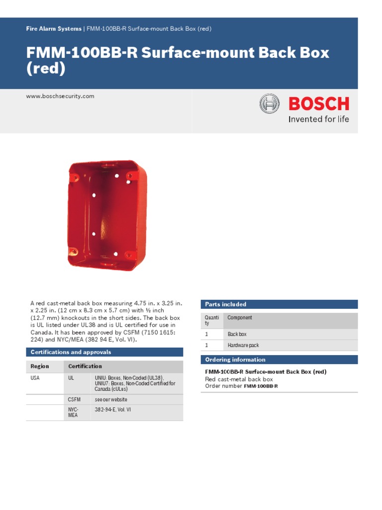 Fire Alarm Systems - FMM 100BB R Surface Mount Back Box (Red) | PDF