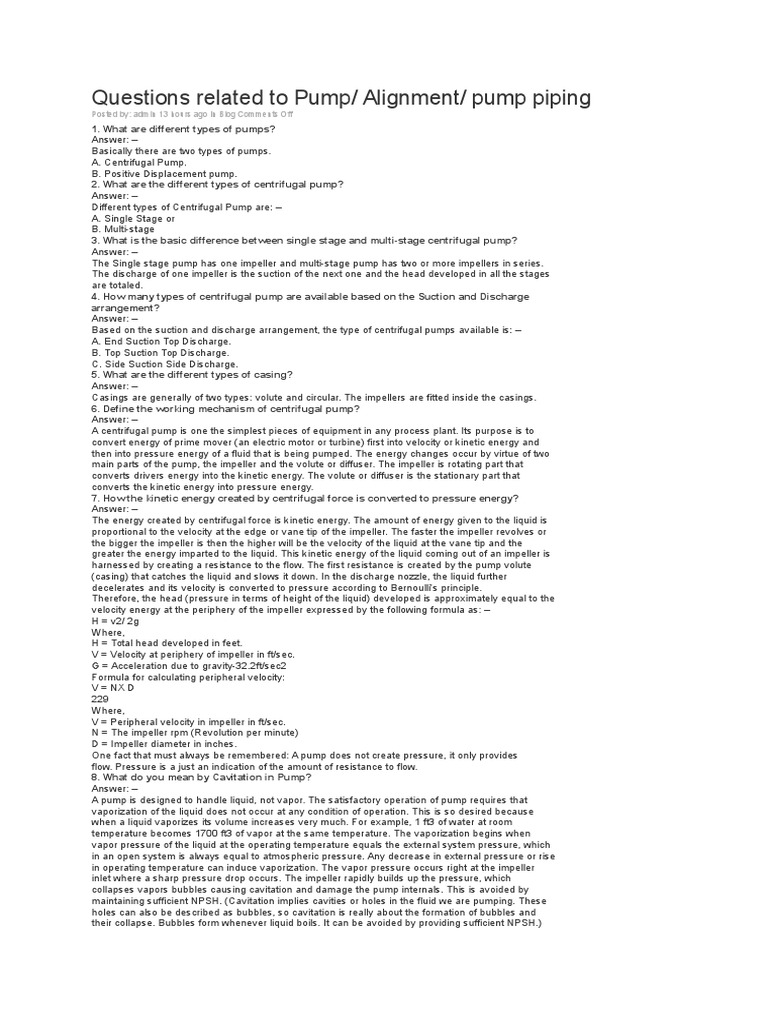 Pumps Questions Answers Pump Chemical Engineering