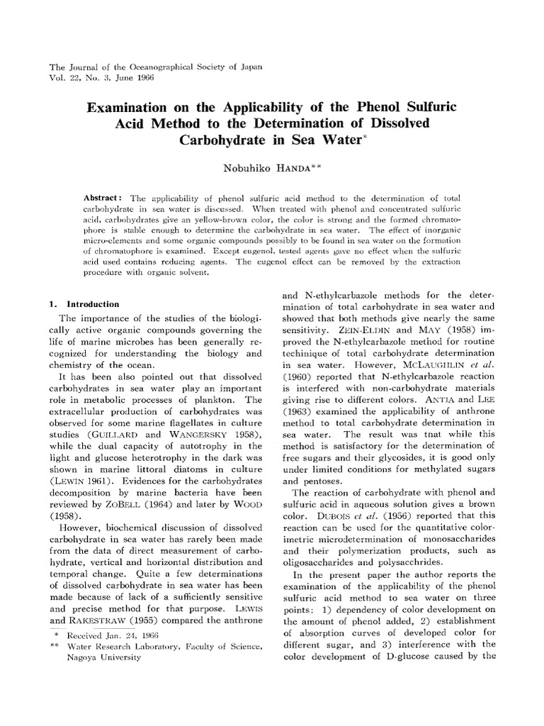 Phenol Sulphuric Acid Method For Determining Carbohydrate in Sea Water