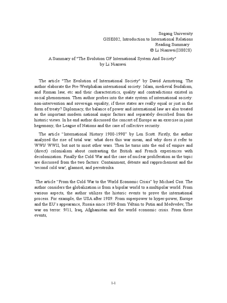 Summary of THE EVOLUTION OF INTERNATIONAL SYSTEM AND SOCIETY | PDF ...