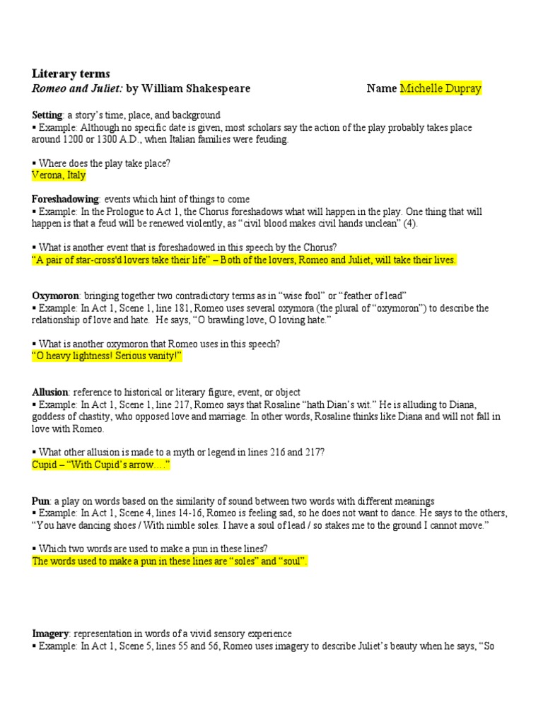 worksheet Allusion Worksheet literary terms romeo and juliet by william