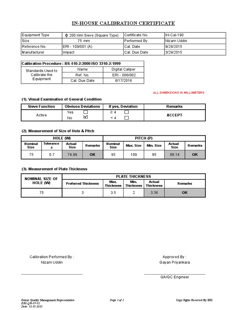 InHouse Calibration Certificate PDF