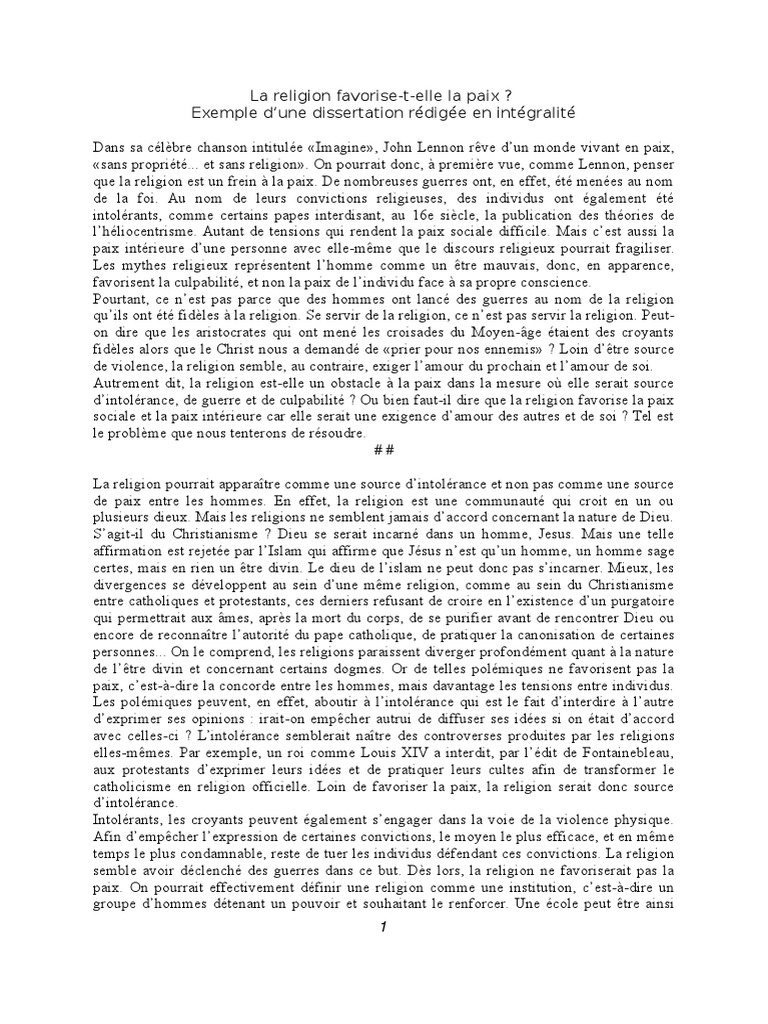 exemple de dissertation de philo sur la religion