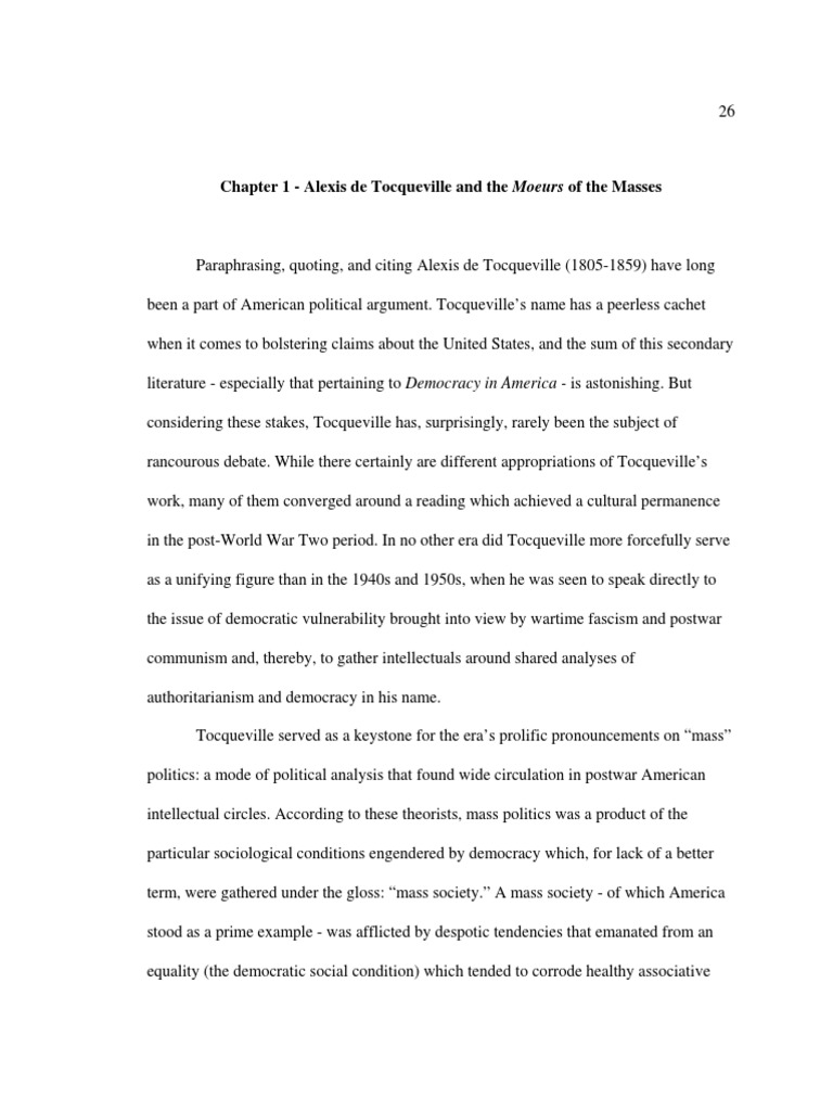 Chapter 1 Alexis De Tocqueville And The Moeurs Of The Masses Alexis De Tocqueville Democracy In America