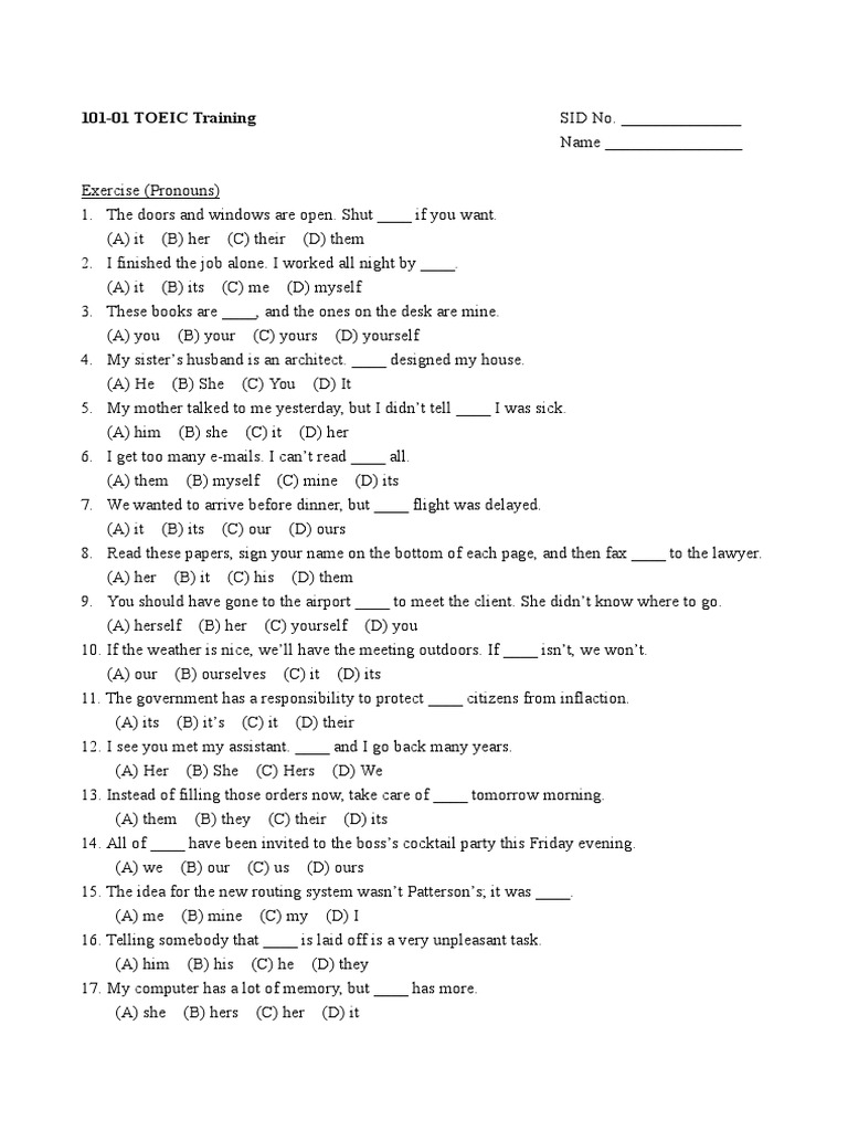 Pronoun Exercises for Grade 7 | PDF | Teaching Methods & Materials
