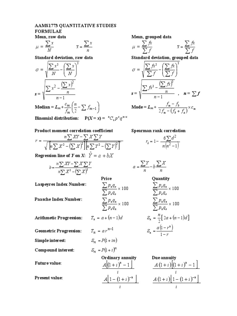 Quantitative Study Formulas | PDF