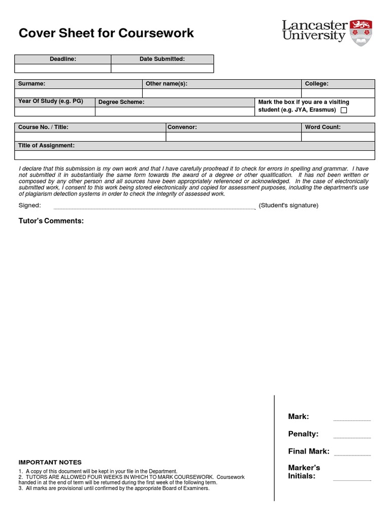 Coursework Cover Sheet Template | PDF | Career & Growth