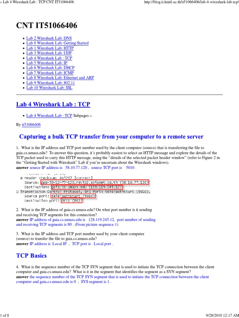 Wireshark Lab 4: TCP Analysis | PDF | Transmission Control Protocol ...
